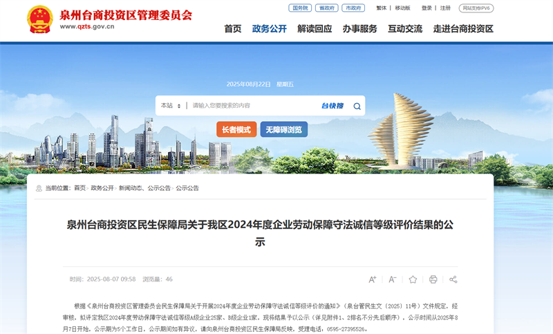 泉工股份獲評泉州臺商投資區(qū)2024年度“勞動(dòng)保障守法誠信A級企業(yè)”稱號